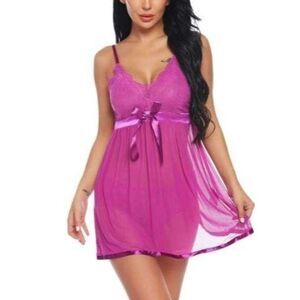 Babydoll Lingerie Chemise Nightgown Deep V Open Back + Lace Thong, Purple, Small